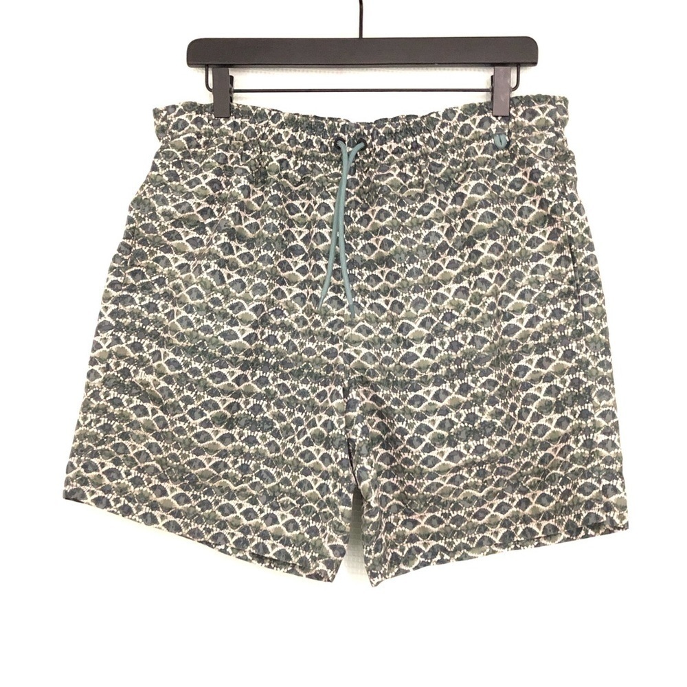Eddie Bauer Green & Tan Print Swim Shorts Trunks Lined Pockets EUC Men's Large